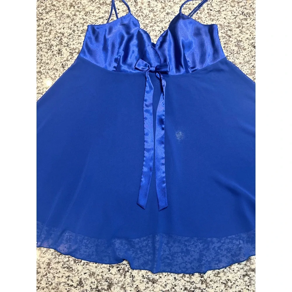 Victoria's Secret Royal Blue Satin Sheer Babydoll‎ Chemise Lingerie Nightie L
